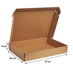 Brown cardboard box with dimensions indicated on a white background